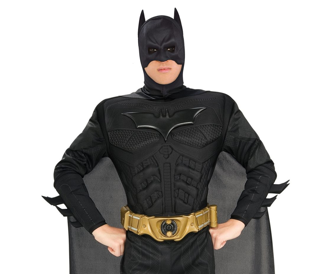 Includes: Batman muscle chest jumpsuit with boot tops, headpiece, cape and belt